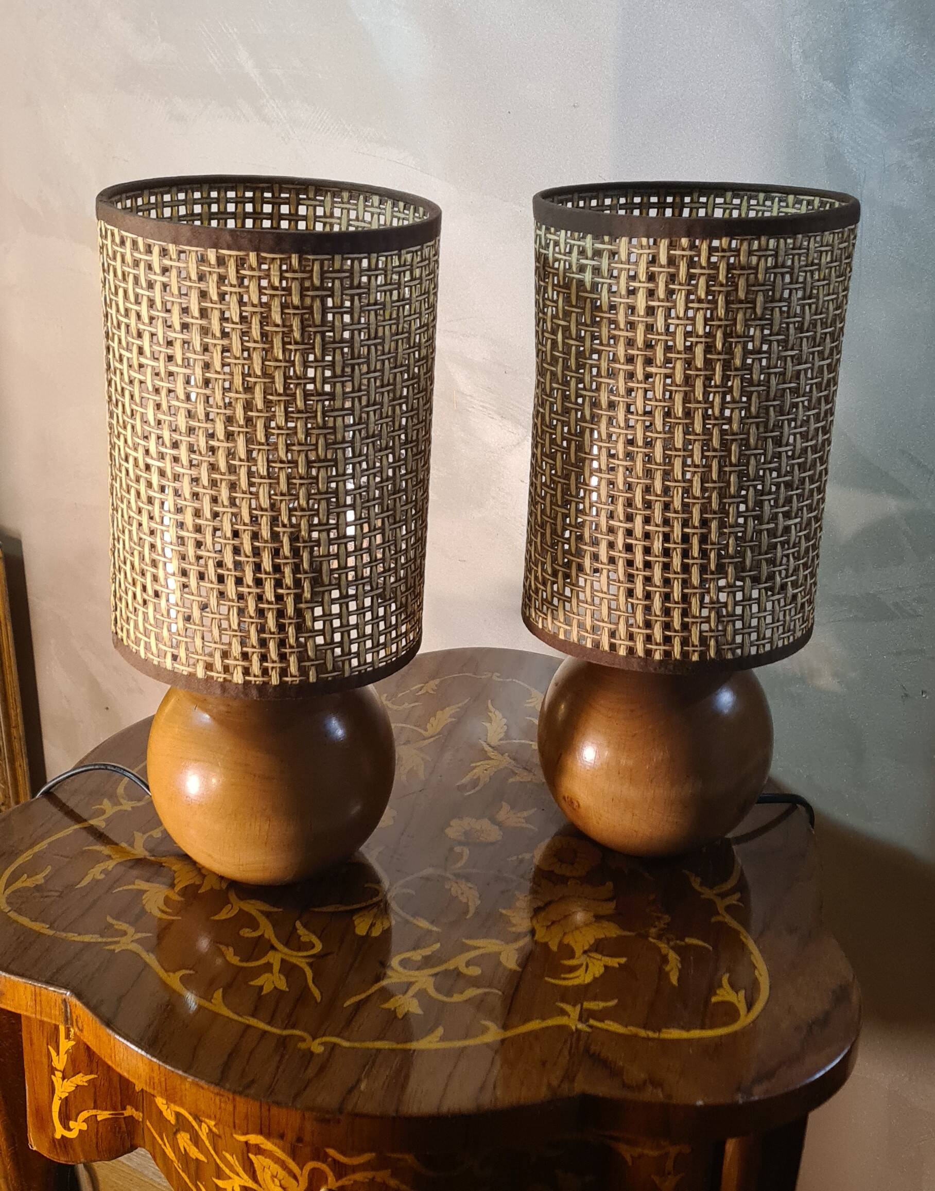 pair of Scandinavian wooden ball bedside lamps elec ok 32x14
