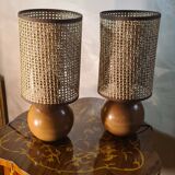 pair of Scandinavian wooden ball bedside lamps elec ok 32x14
