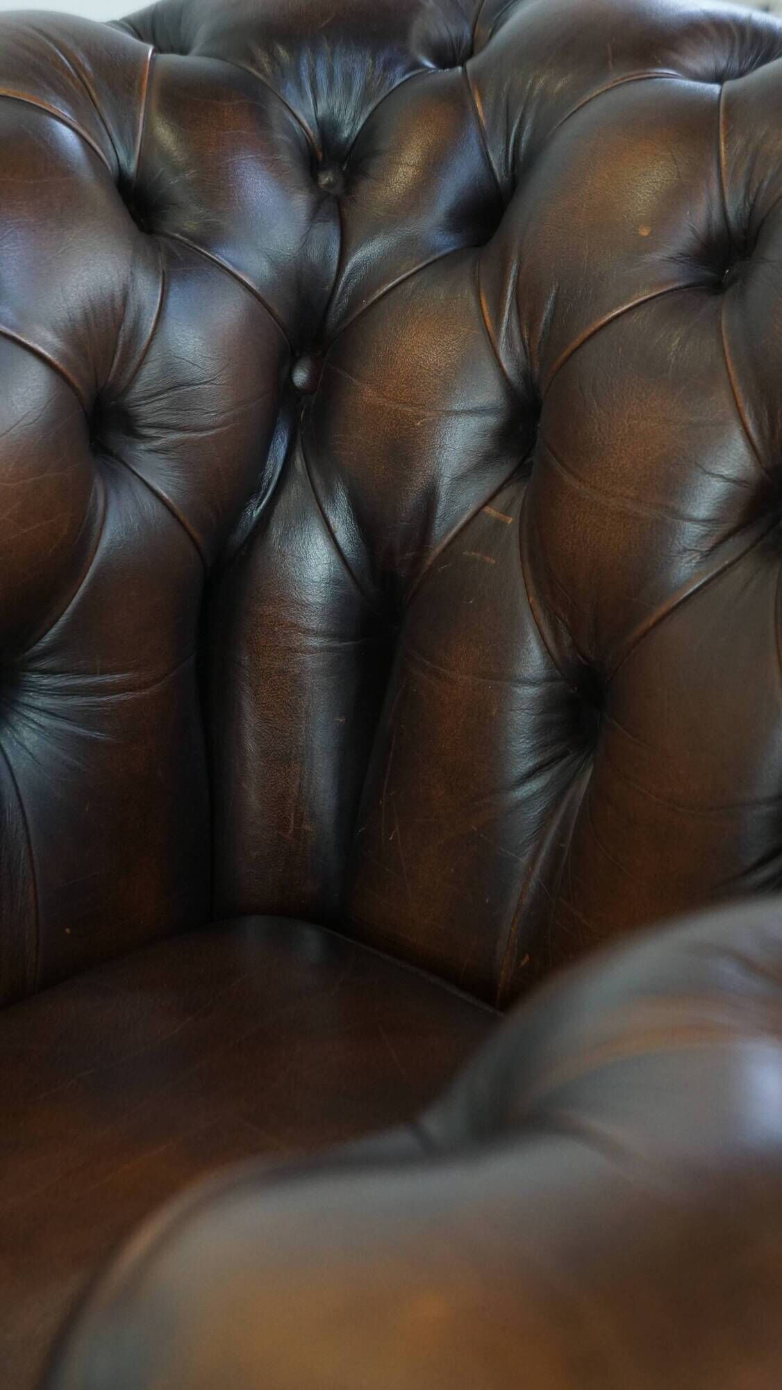 Cowhide English Chesterfield armchair with ball legs and timeless finish