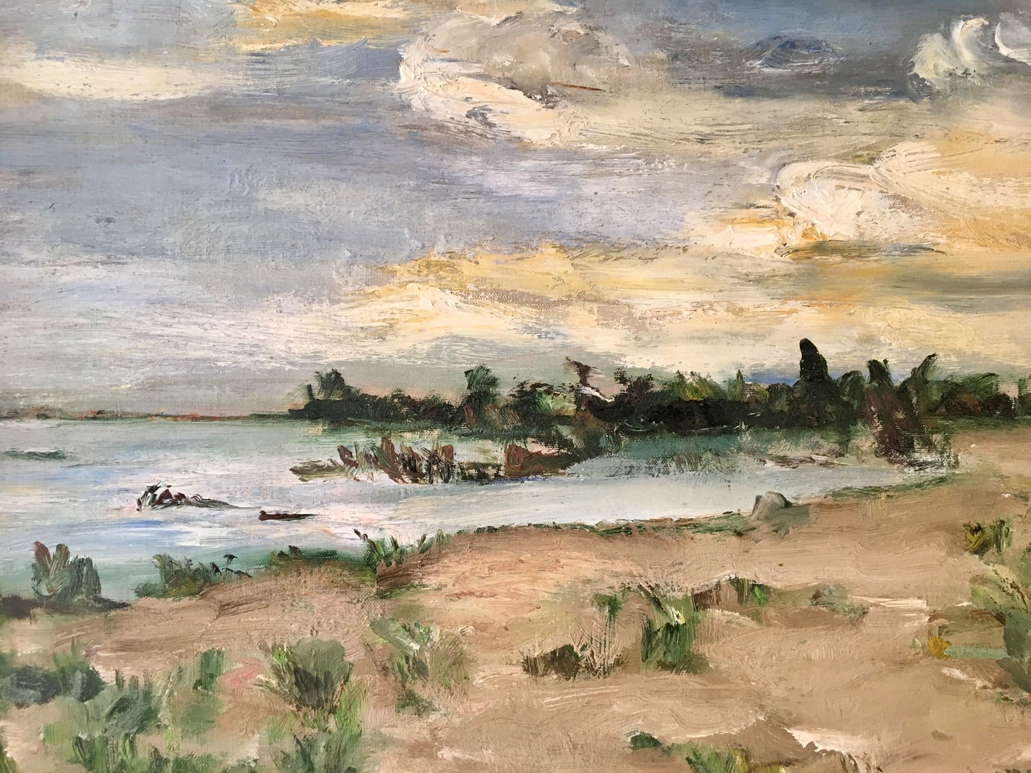 Painting, oil on canvas, landscape, sunset, signed Guerin