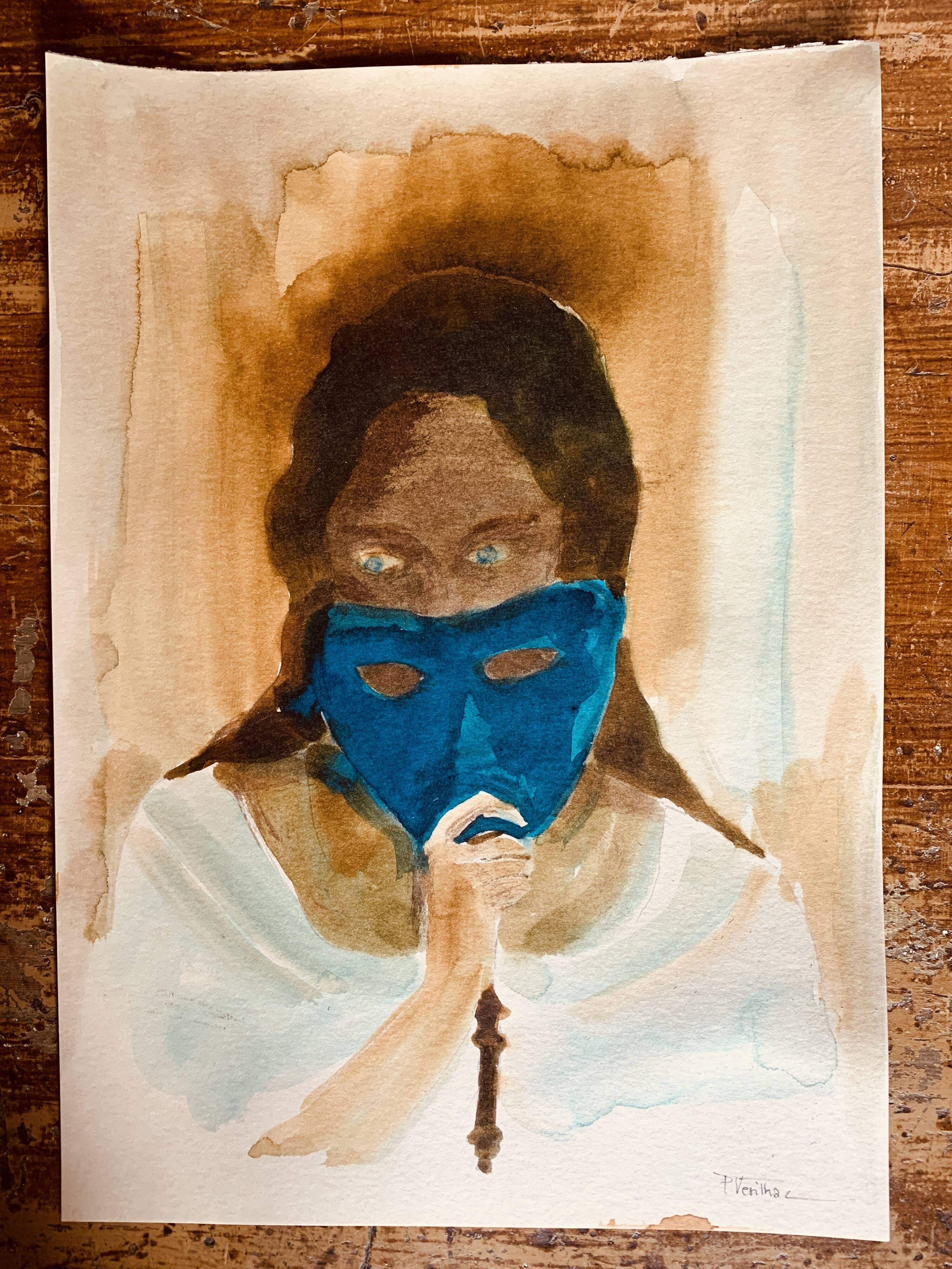 Signed painting of a female portrait at the Carnival of Venice "the blue mask"