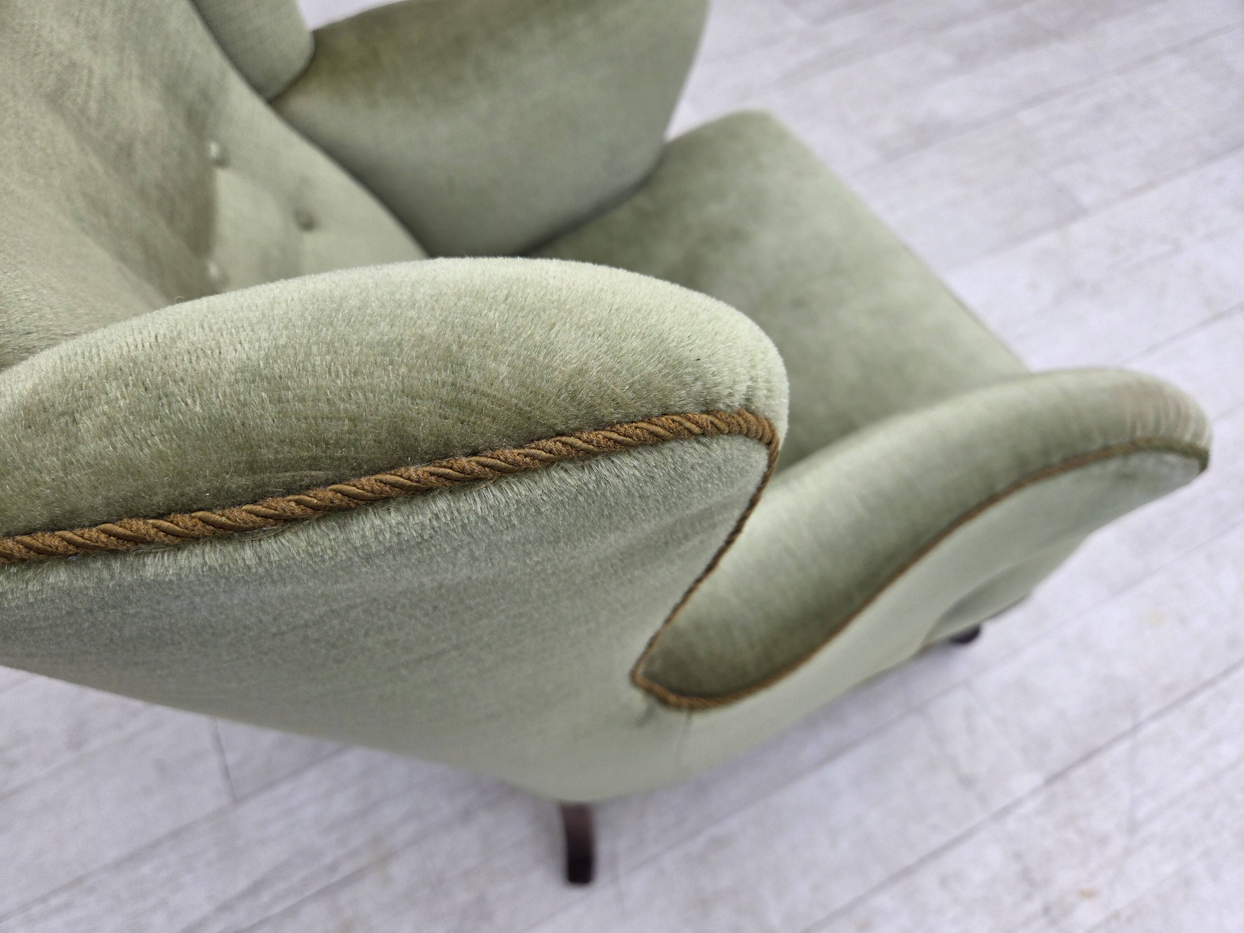 1960s, Scandinavian armchair, green furniture velour, oak wood legs.