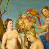 Portrait de trois nus, peinture à l'huile, milieu du XXe siècle, encadré