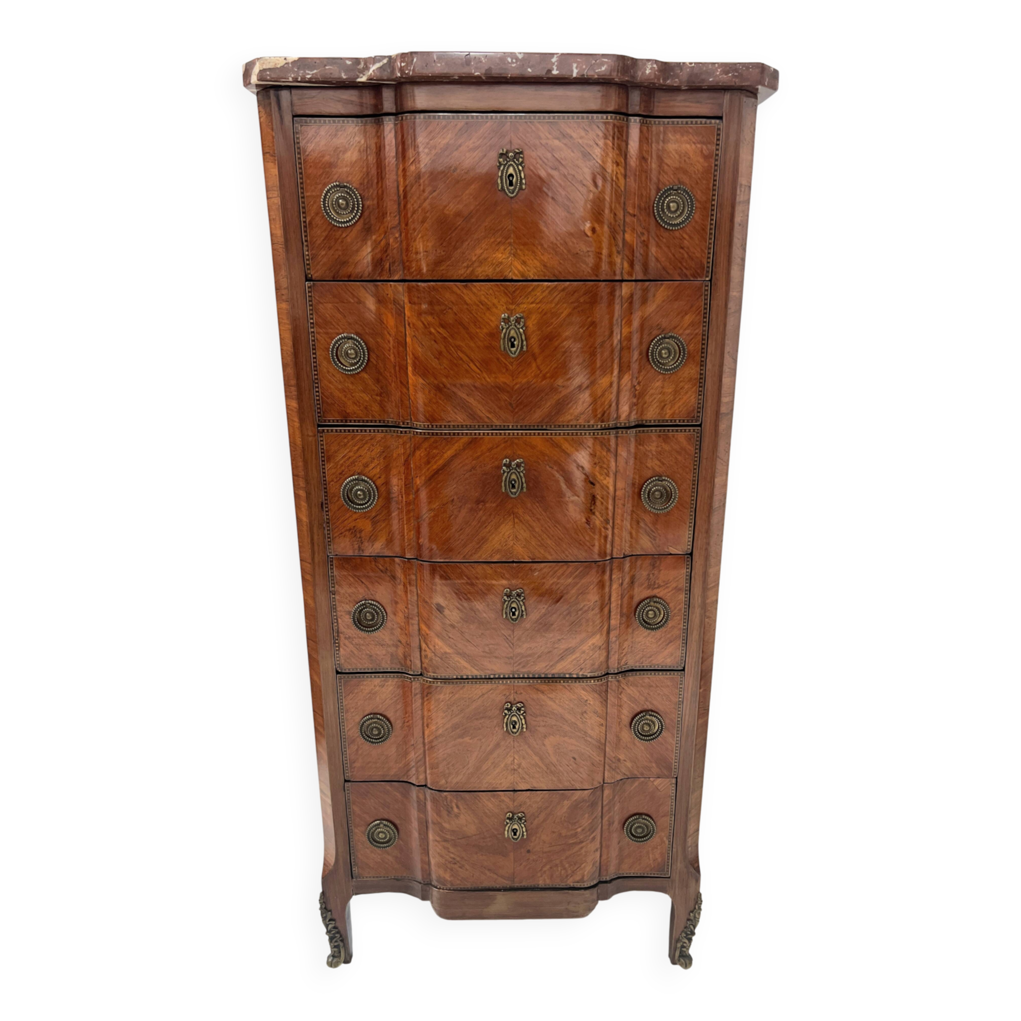 Transitional style chest of drawers in rosewood and amaranth veneer, 20th century.