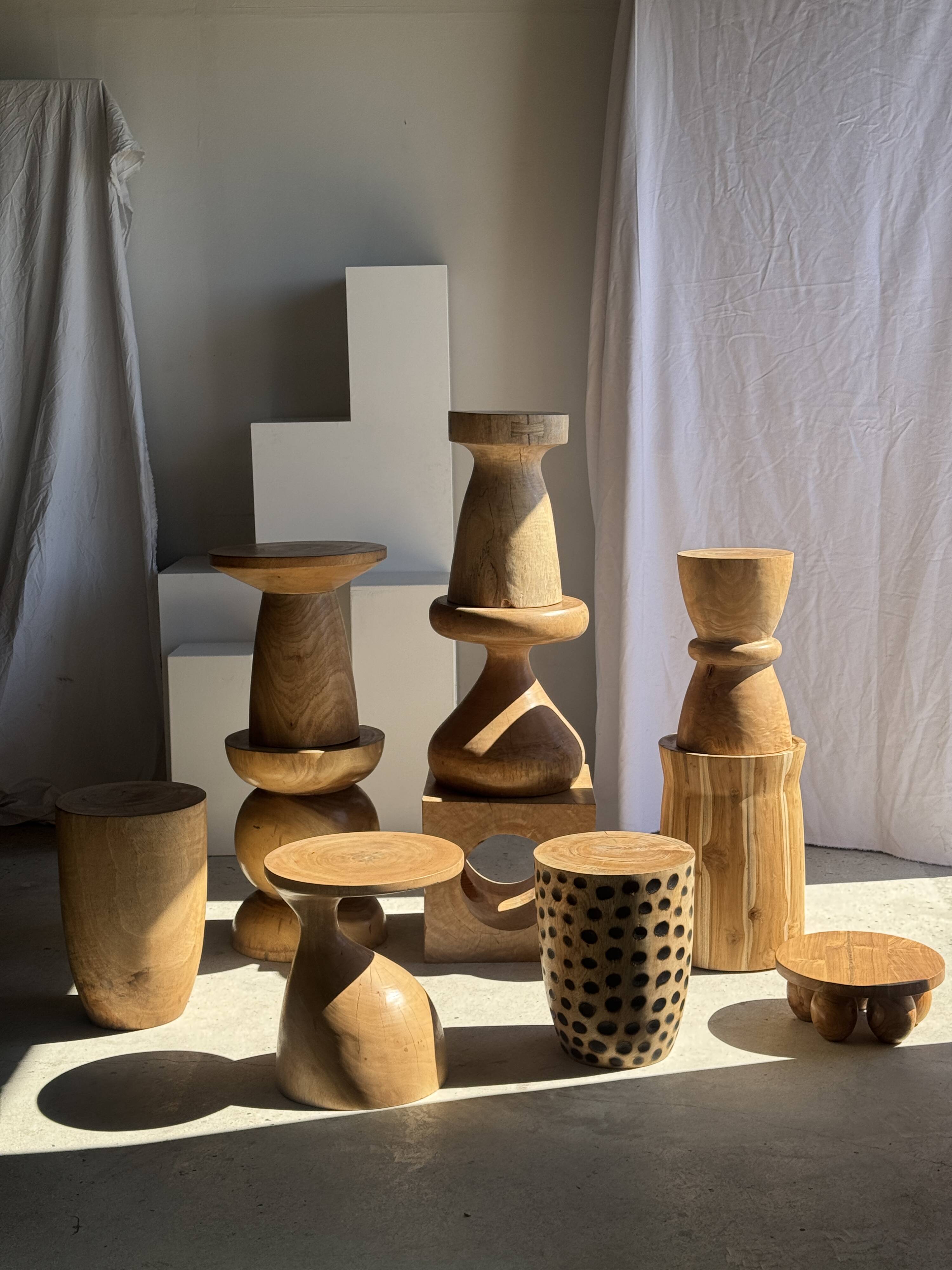 Stool, side table, cylindrical solid mango wood end table.