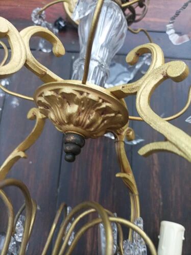 Rare antique cage chandelier in gilded bronze and crystal, 4 lights / WORKING CONDITION GAU?