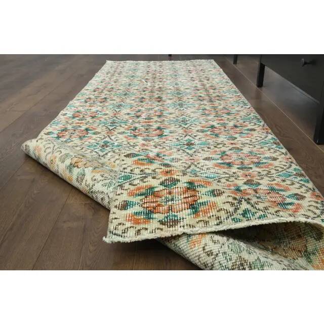 1970s vintage Turkish Oushak handmade wool cotton beige runner rug 85x270