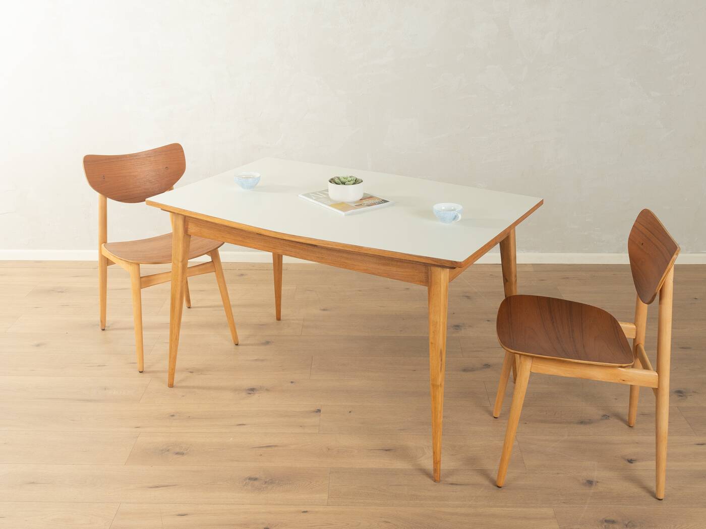 Classic extendable dining table from the 1950s, solid ash wood, new cream white Resopal top