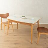 Classic extendable dining table from the 1950s, solid ash wood, new cream white Resopal top