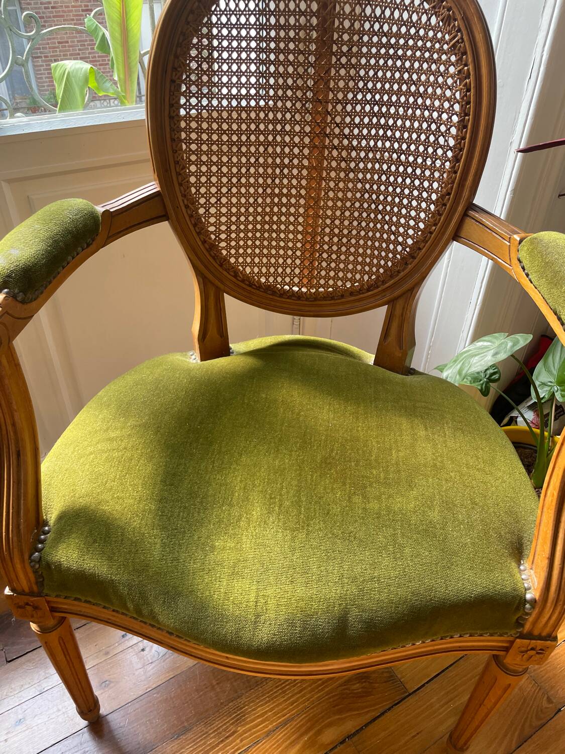 Louis XVI style armchair in velvet and rattan