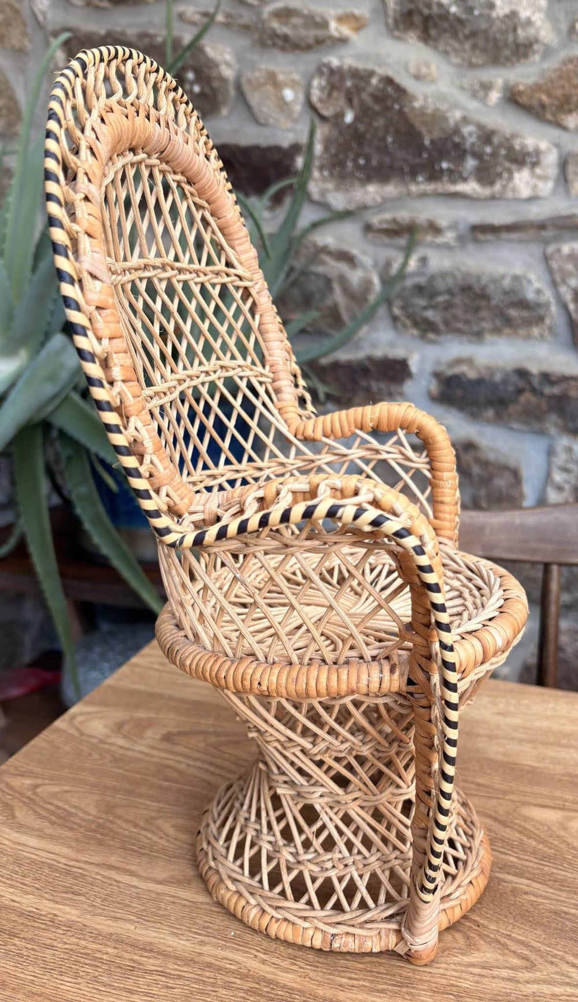 Miniature Peacock Chair Woven Rattan — Vintage Bohemian Plant Stand — 1970s