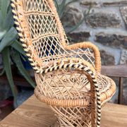 Miniature Peacock Chair Woven Rattan — Vintage Bohemian Plant Stand — 1970s