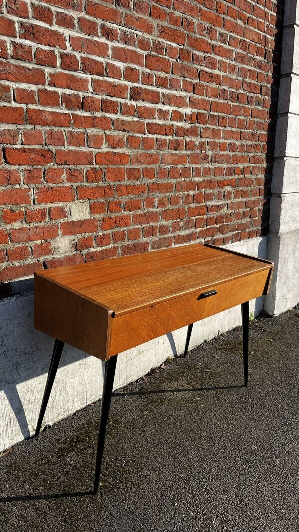 Console / bureau vintage en bois, pied compas