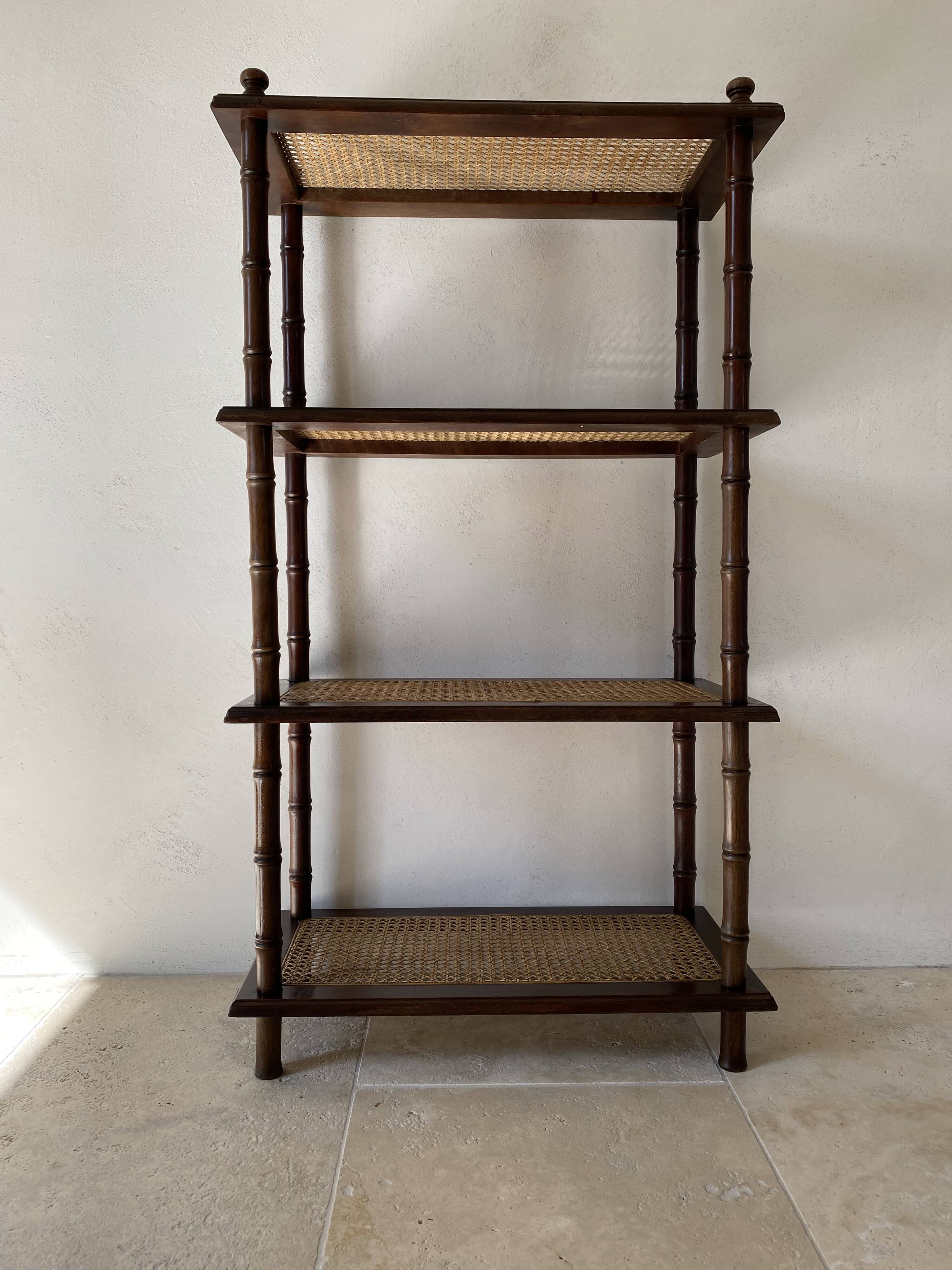 Vintage wooden shelf with cane, colonial style, 4 levels.