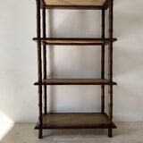 Vintage wooden shelf with cane, colonial style, 4 levels.