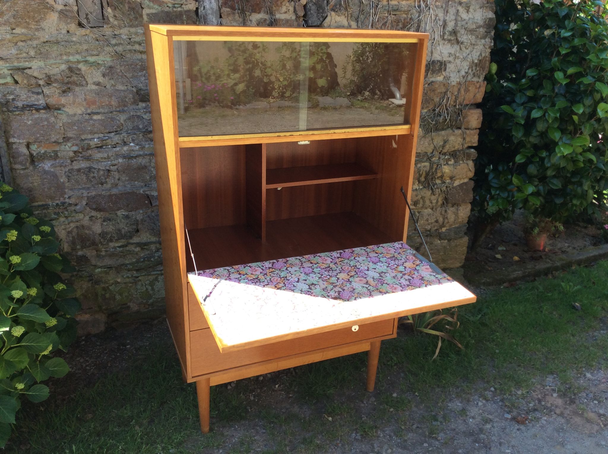 Vintage oak secretary with 2 drawers and 2 sliding windows