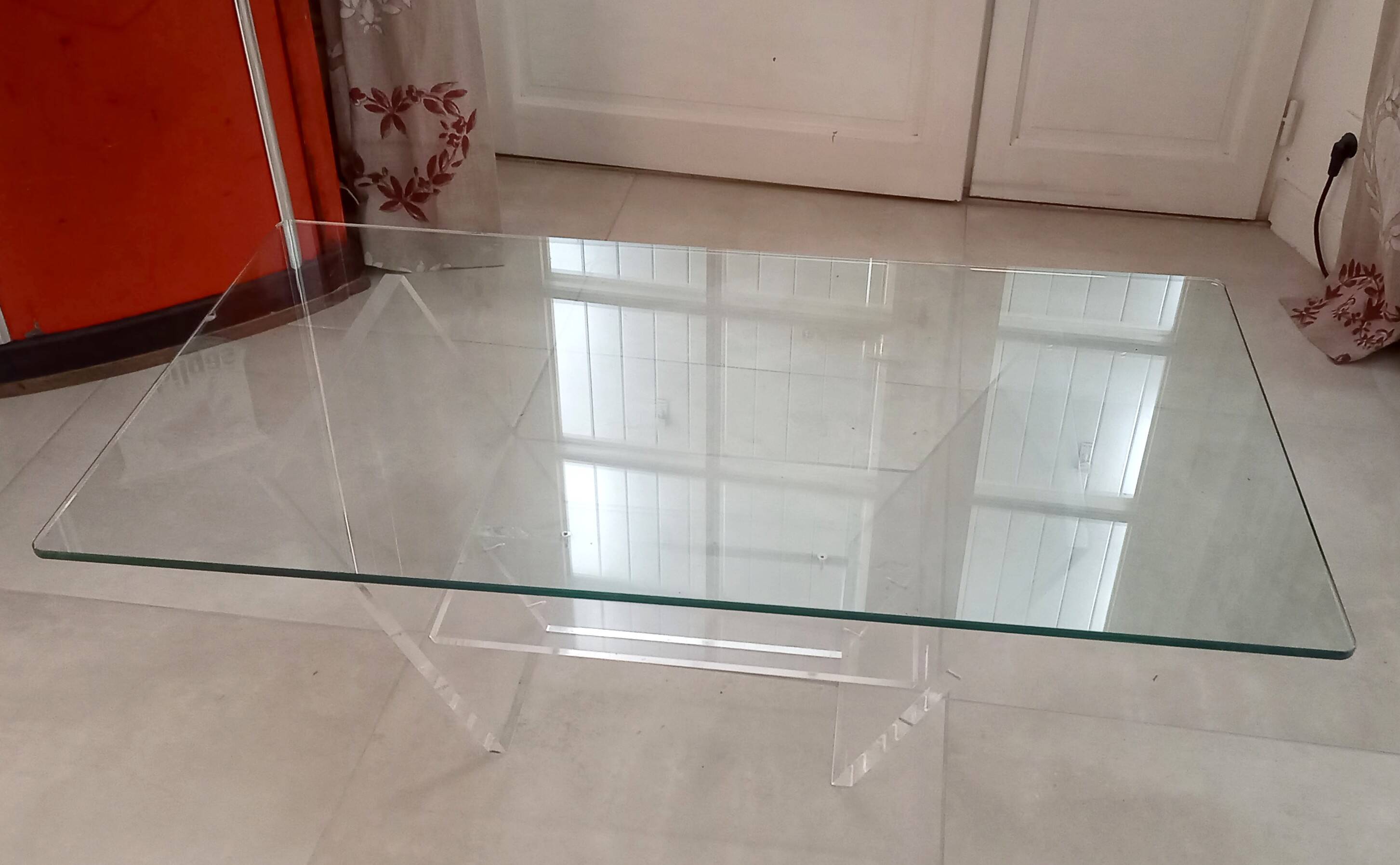 David Lange plexiglass and glass coffee table