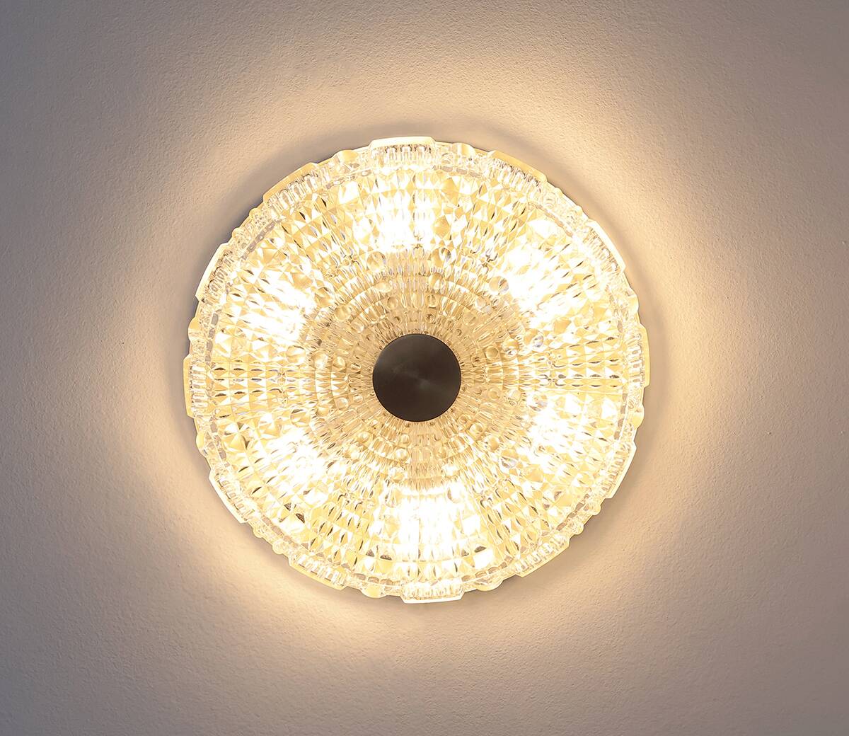 Orrefors crystal and brass ceiling lamp for Lyfa, 1970s