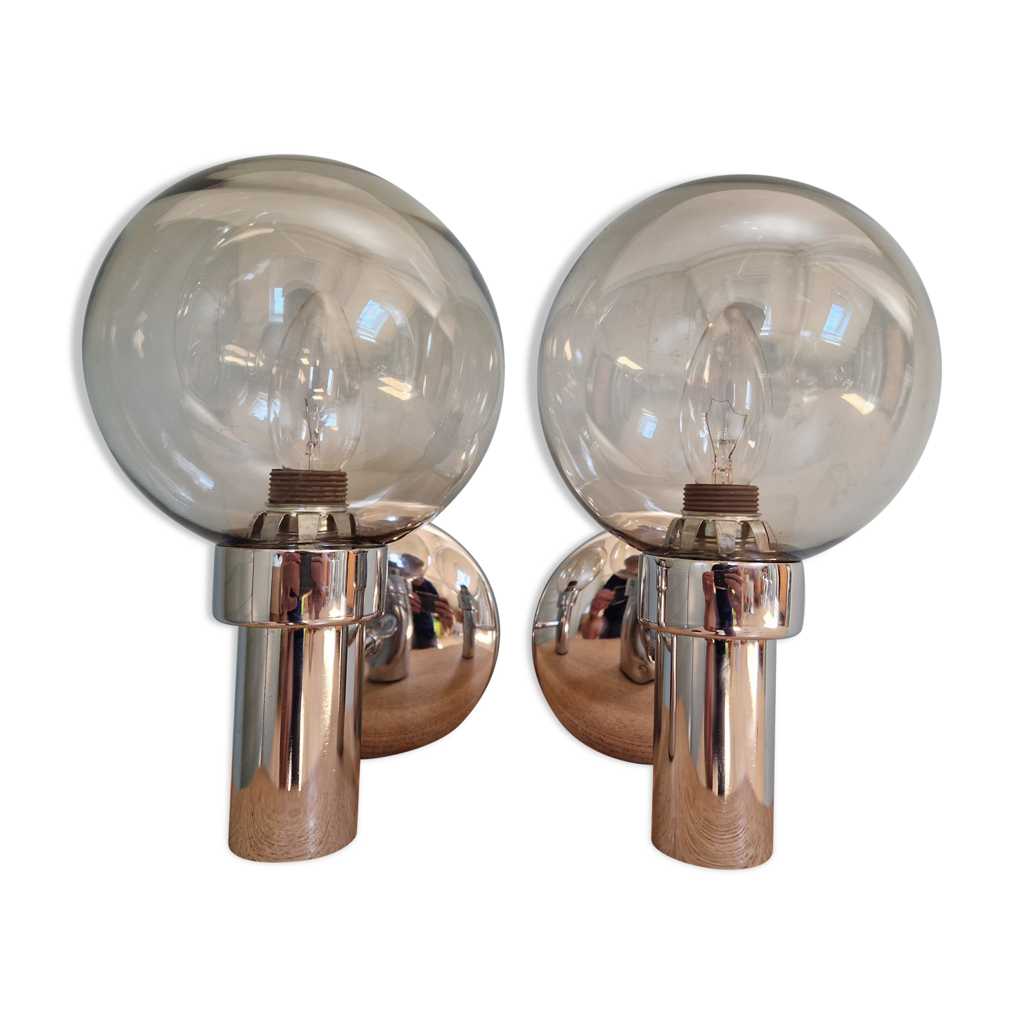 Pair of vintage wall lights in chromed metal and smoked glass, 70s