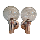 Pair of vintage wall lights in chromed metal and smoked glass, 70s