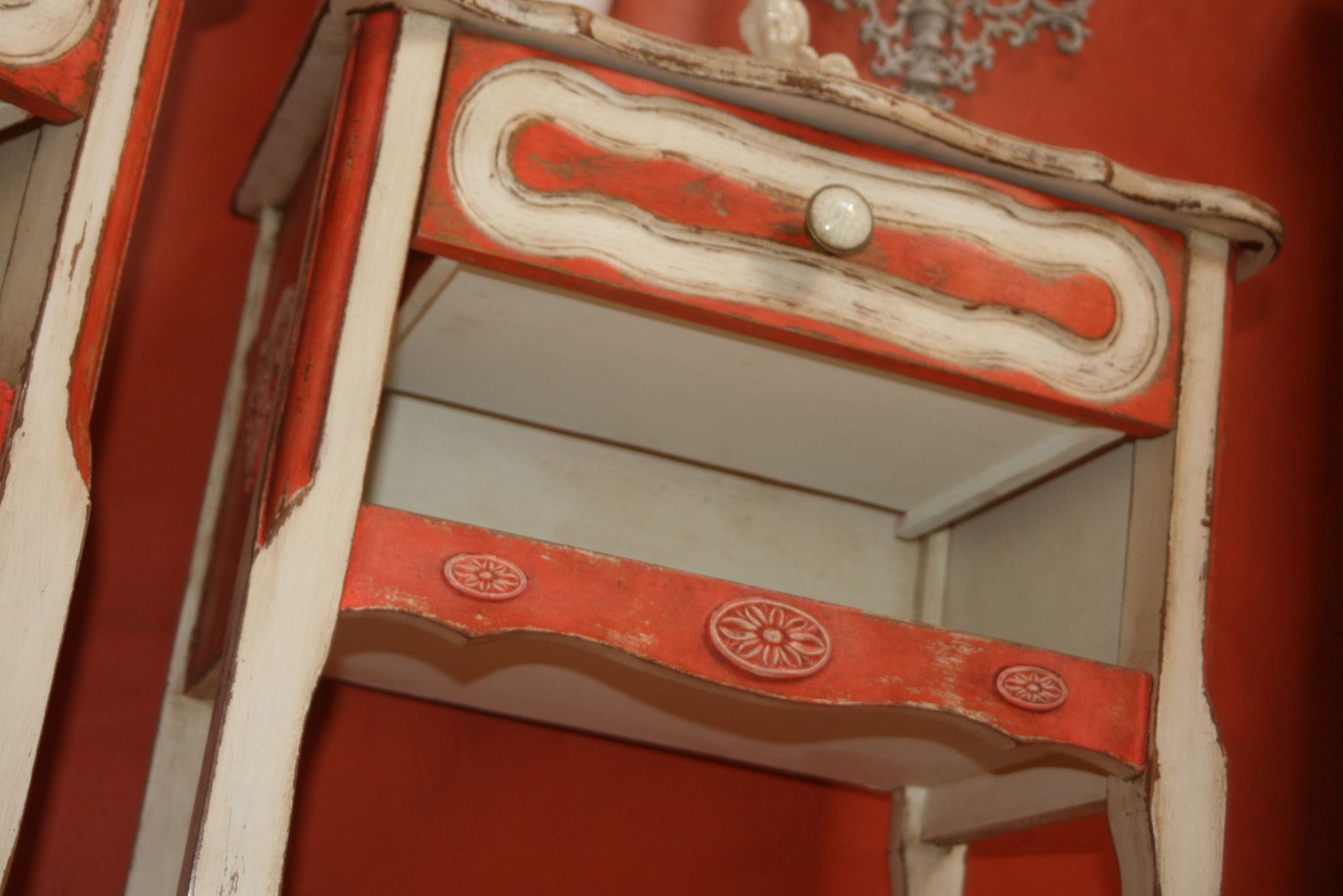 Pair of bedsides revamped red and white antique skated shabby