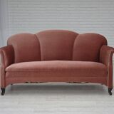 1950s, Danish 2-seater sofa, salmon pink furniture velour, oak wood legs.