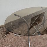 Vintage oval design table in smoked glass and chrome legs