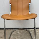 Lot 4 Italian chairs, Cidue camel leather and chrome 1970