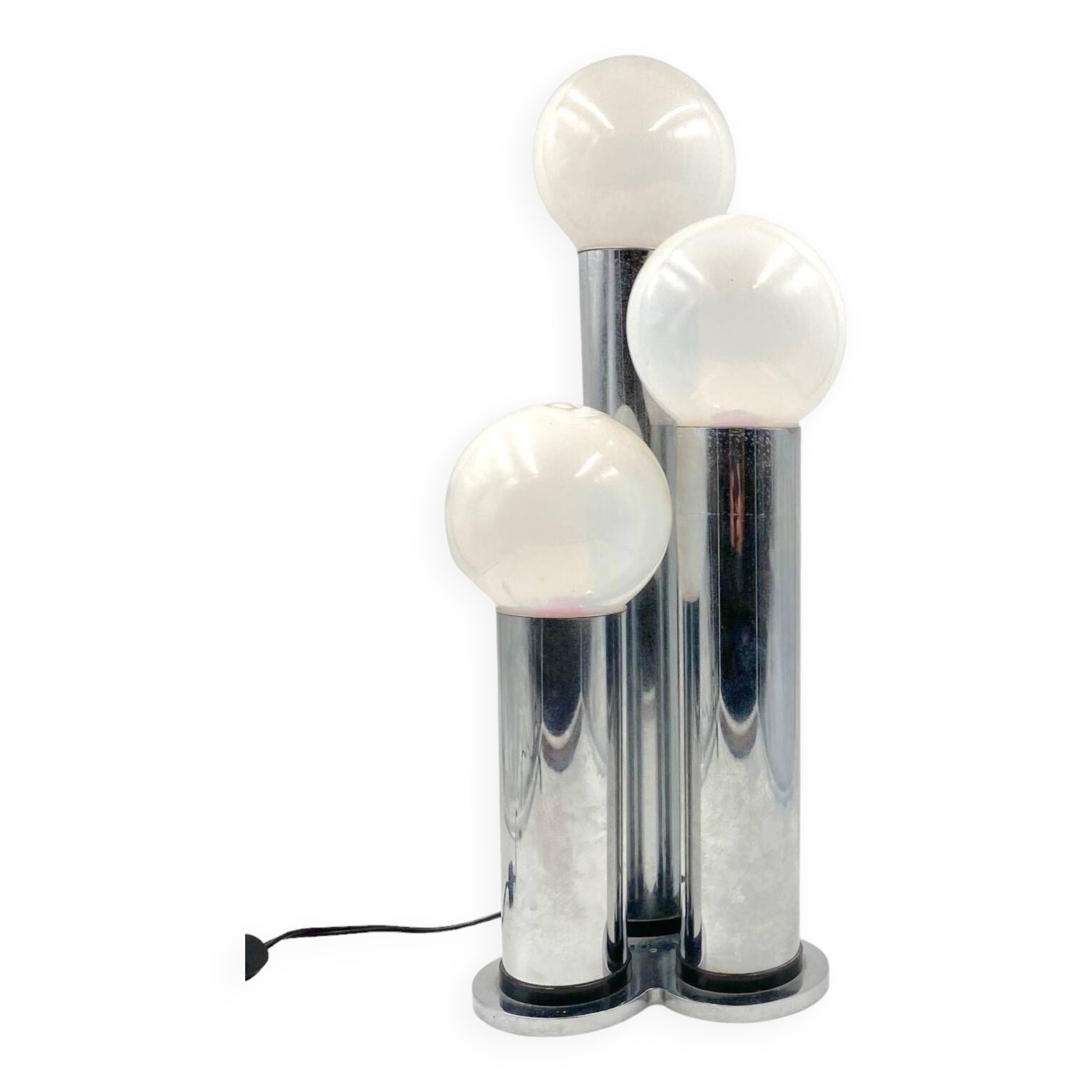 Hollywood regency 3 lights metal and opaline glass table lamp, Lama, Italy 1970s