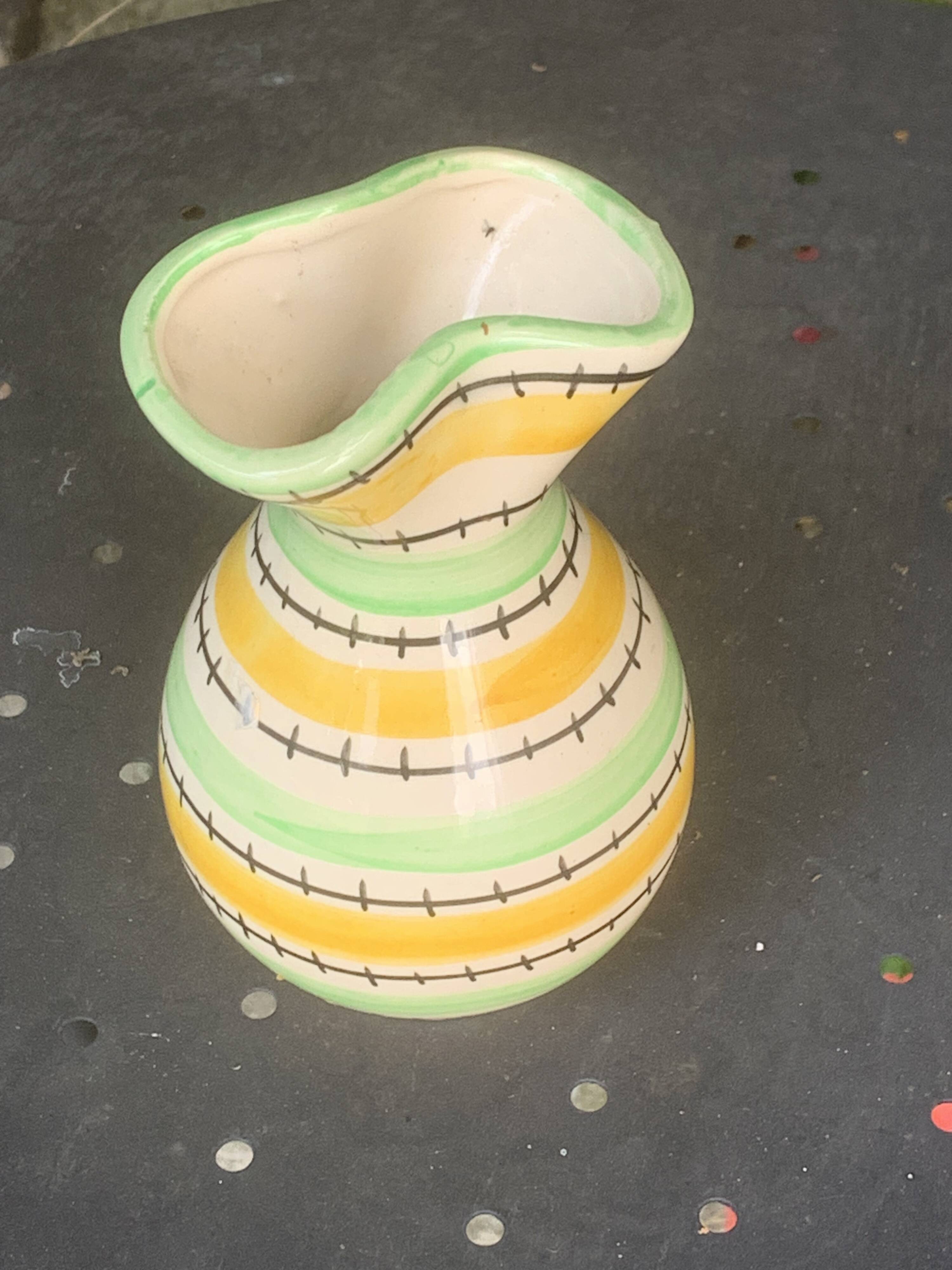 Green and yellow glazed ceramic vase, vintage pattern and design 1950/60