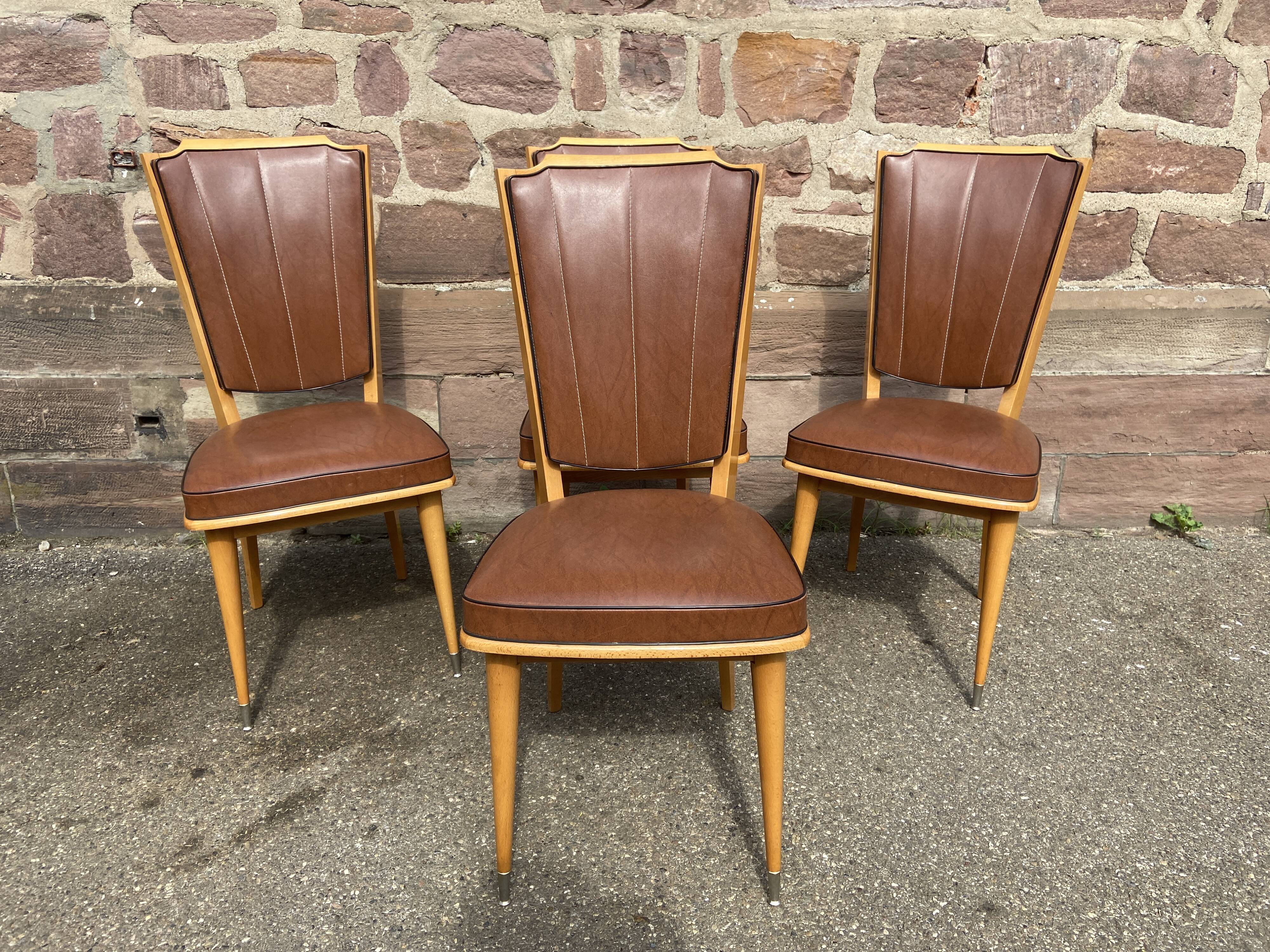 4 vintage chairs 1950 mid-century Scandinavian compass feet imitation leather Skaï