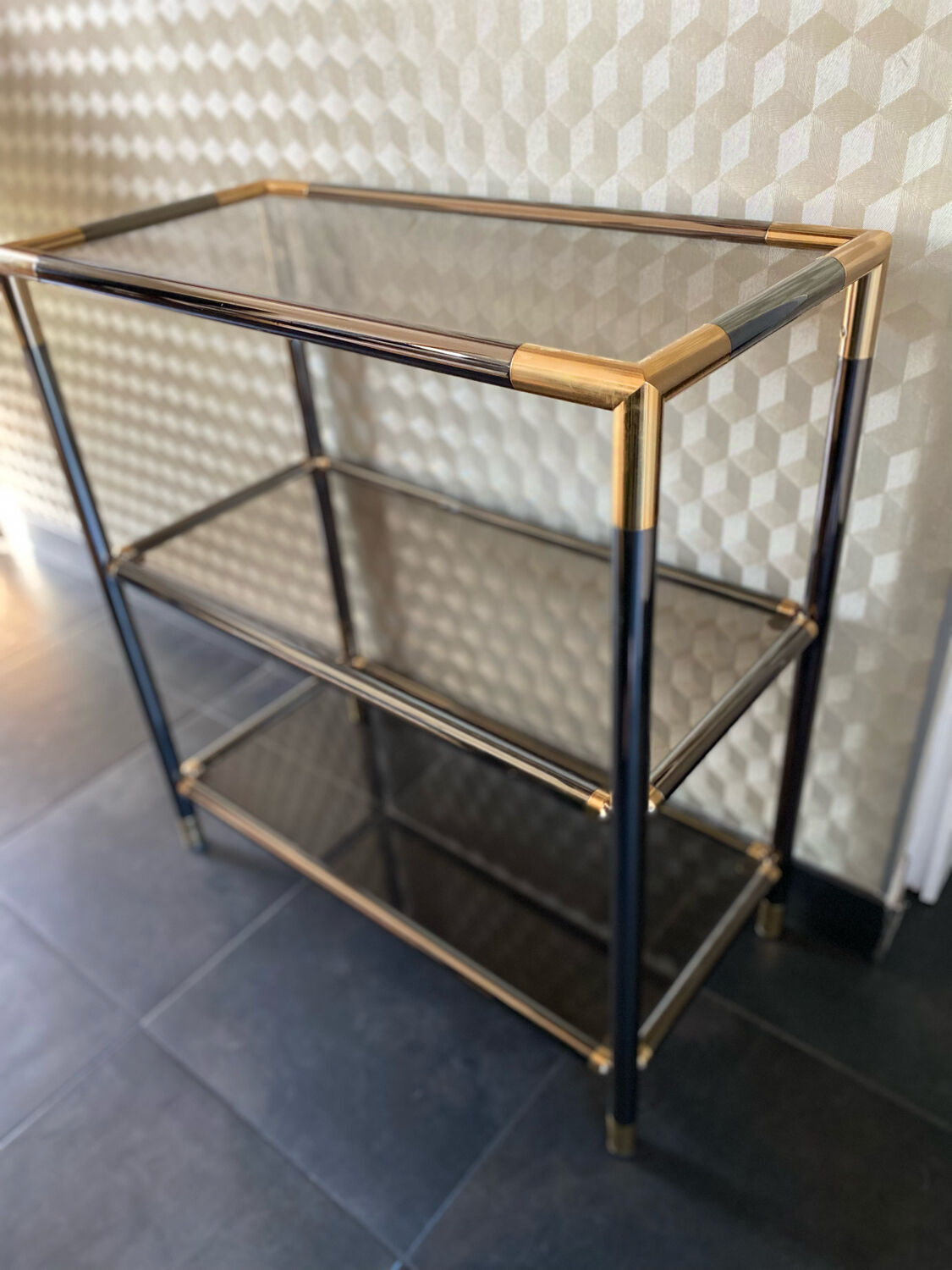 Console shelf smoked glass aluminum and brass