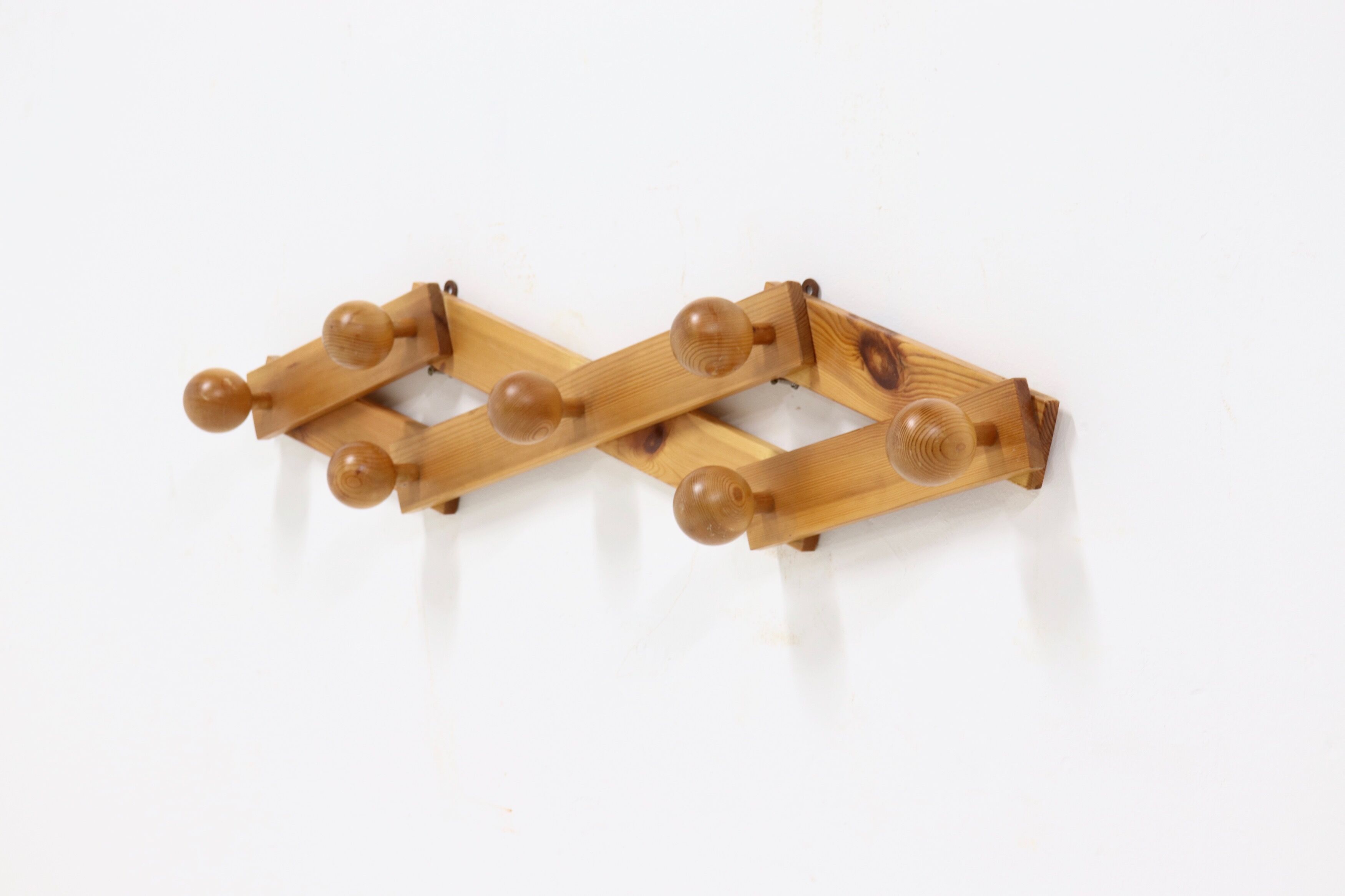 Scandinavian Solid Pine Wall Mounted Coat Rack 1970s
