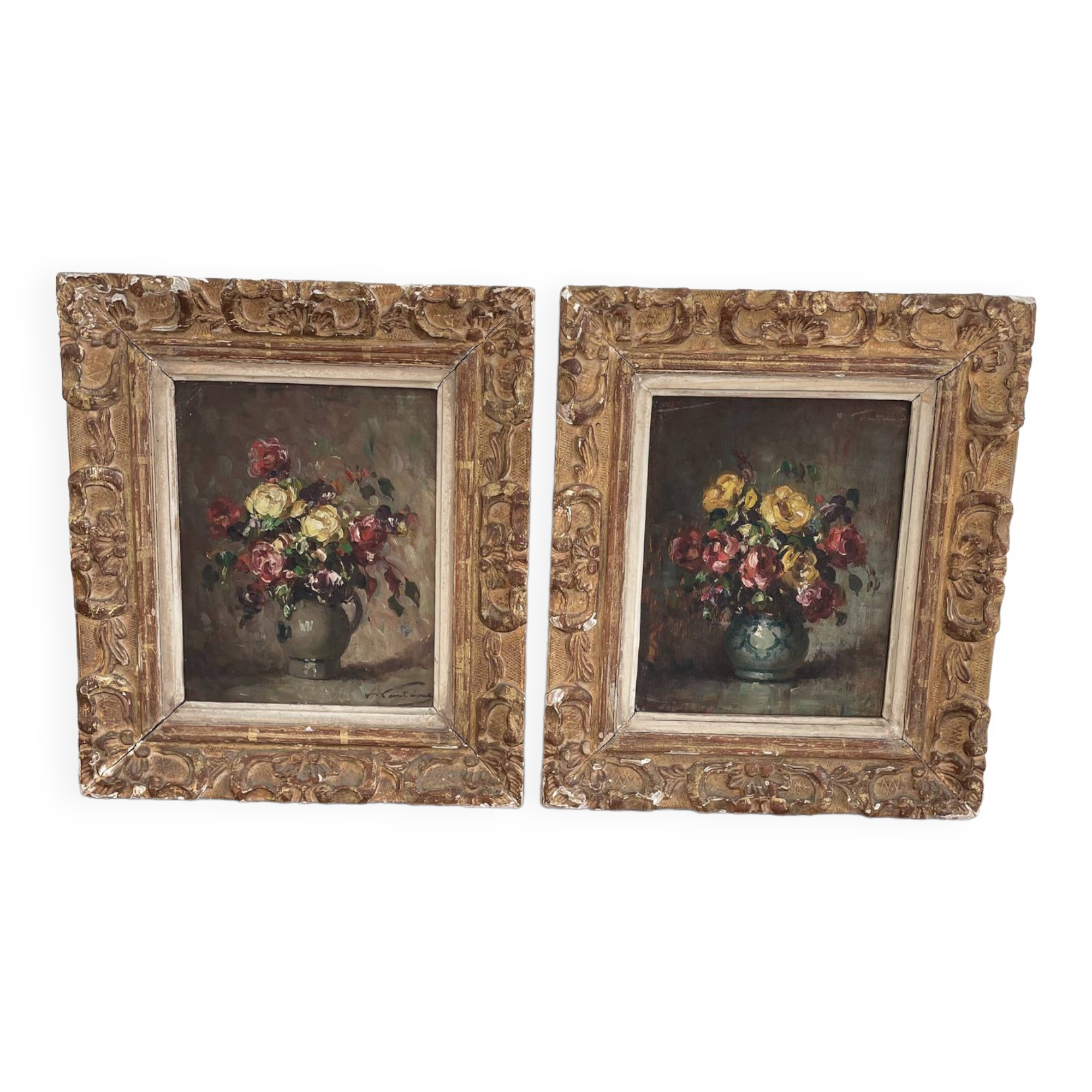Pair, oil painting, 19th century, still life with bouquet of flowers, wooden frames, signed