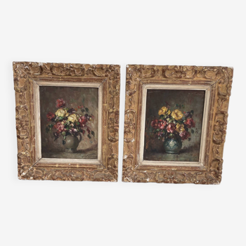Pair, oil painting, 19th century, still life with bouquet of flowers, wooden frames, signed