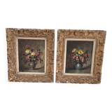 Pair, oil painting, 19th century, still life with bouquet of flowers, wooden frames, signed