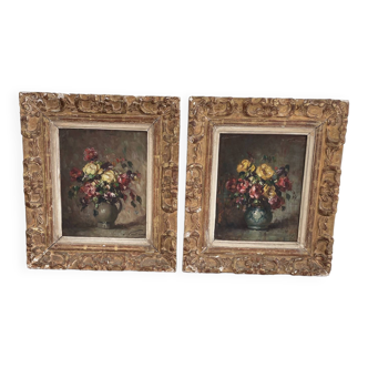Pair, oil painting, 19th century, still life with bouquet of flowers, wooden frames, signed