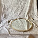 Grand miroir vintage rond en laiton doré avec deux appliques lumineuses - diamètre 50 cm