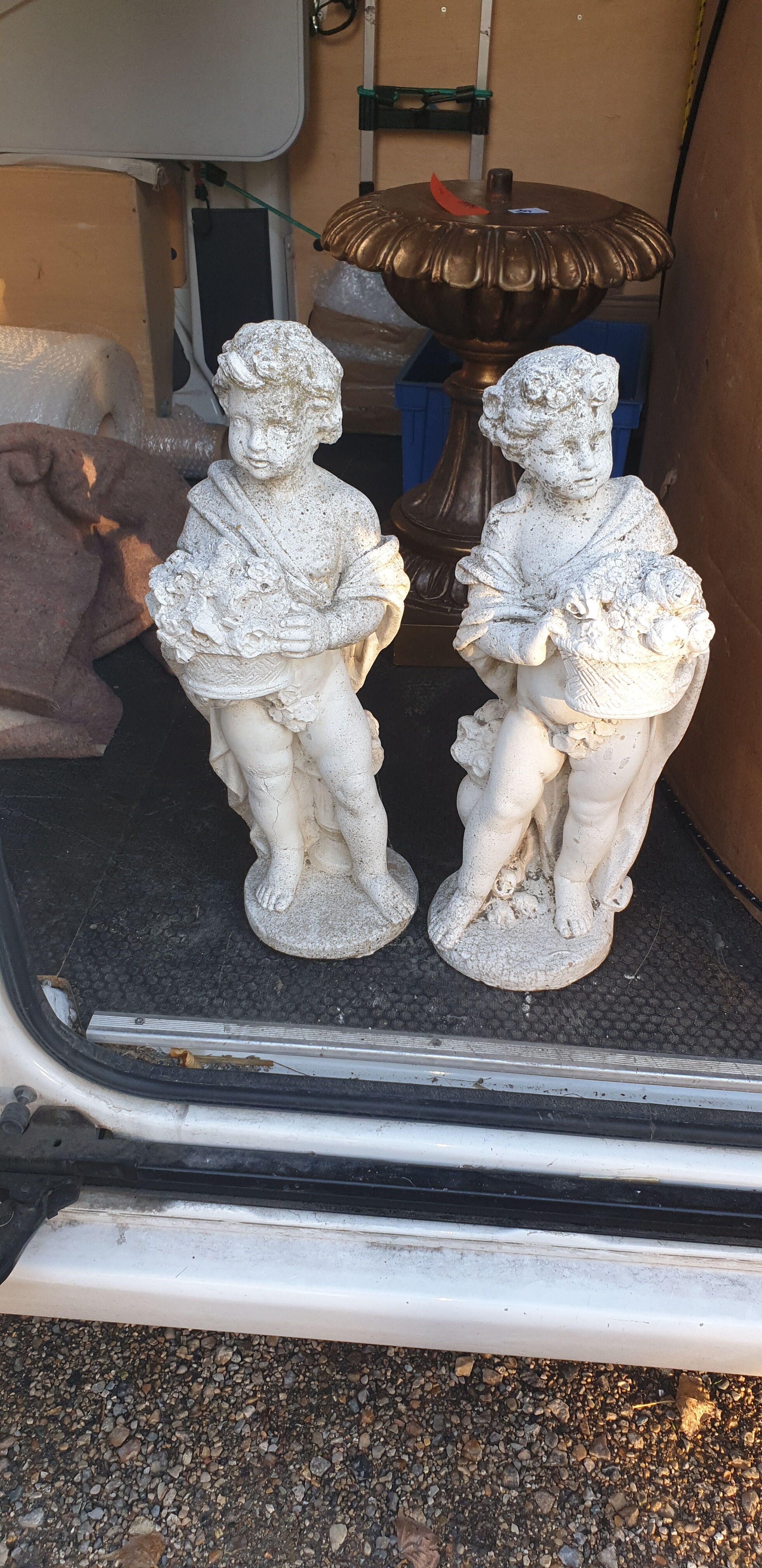 Pair of cherub garden statues reconstituted stone
