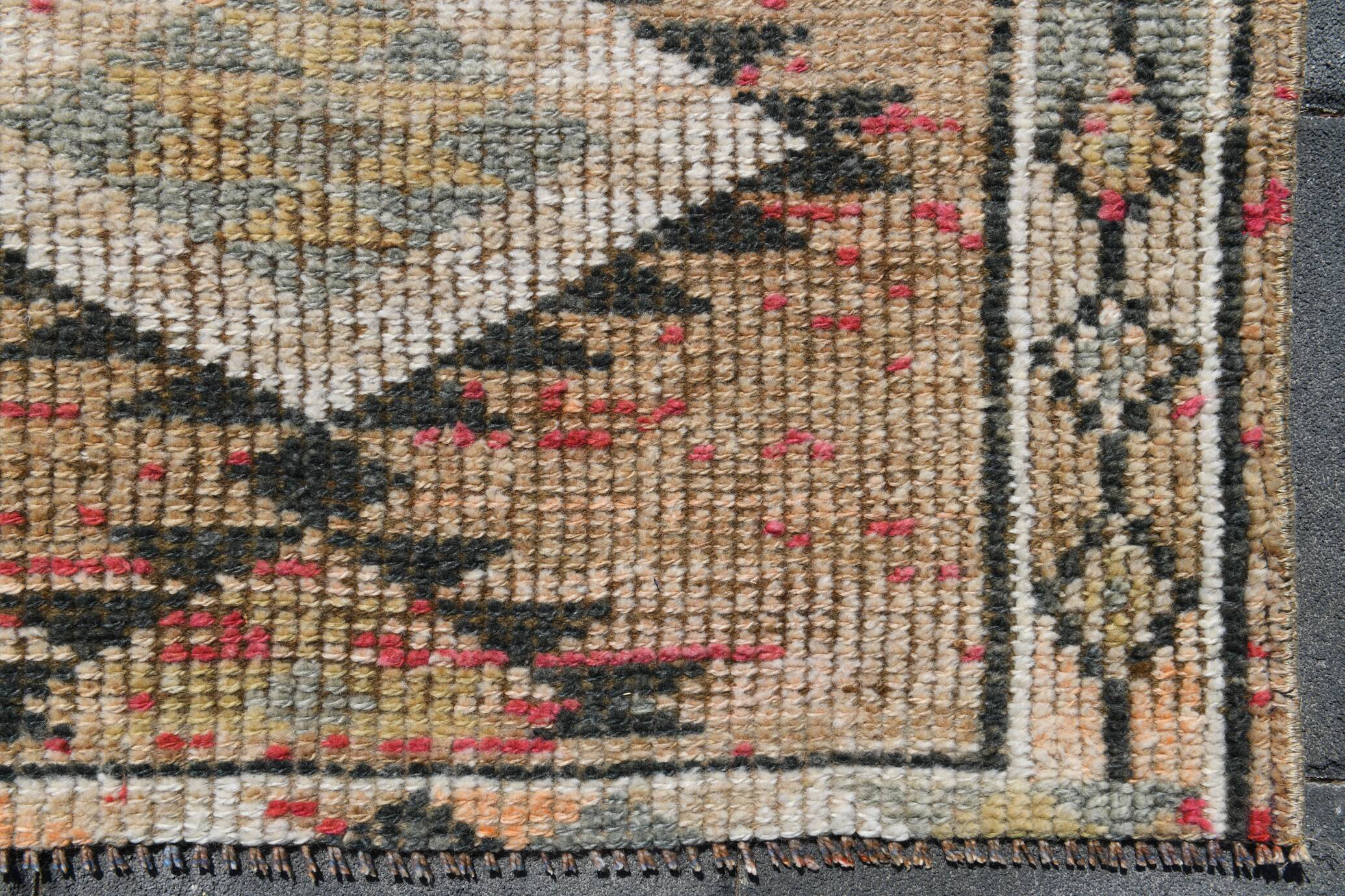 Tapis Couloir Vintage Beige Motifs Géométriques Anatoliens, 91x352 Cm