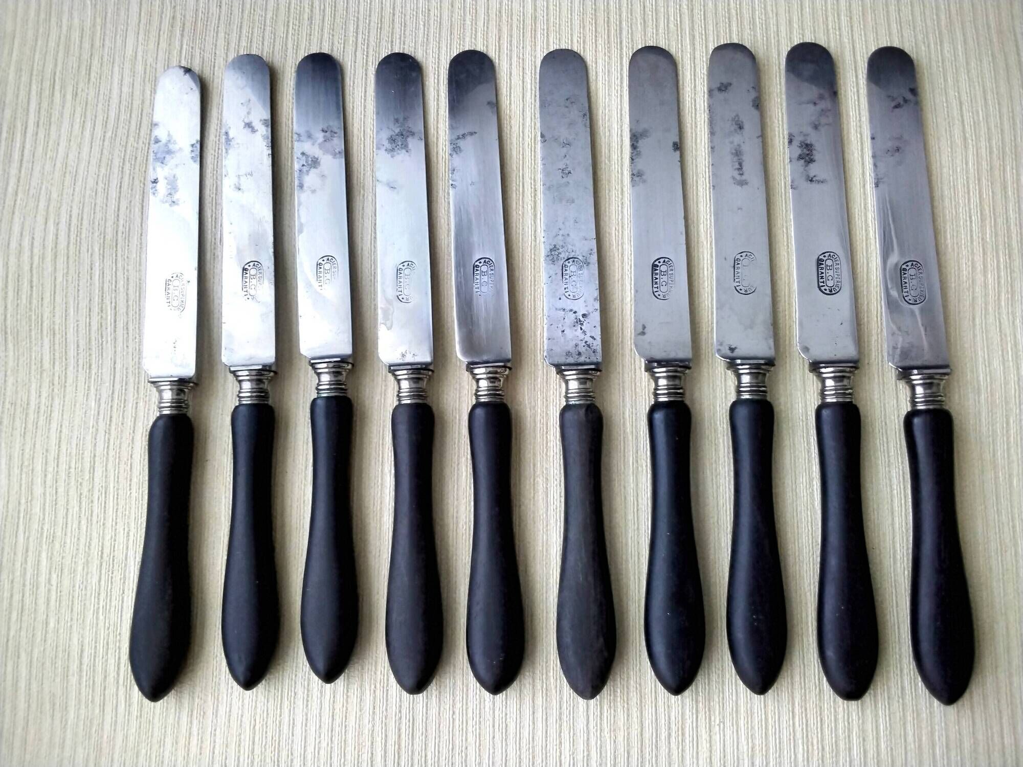 Box of 10 antique dessert knives Blackened wood and steel