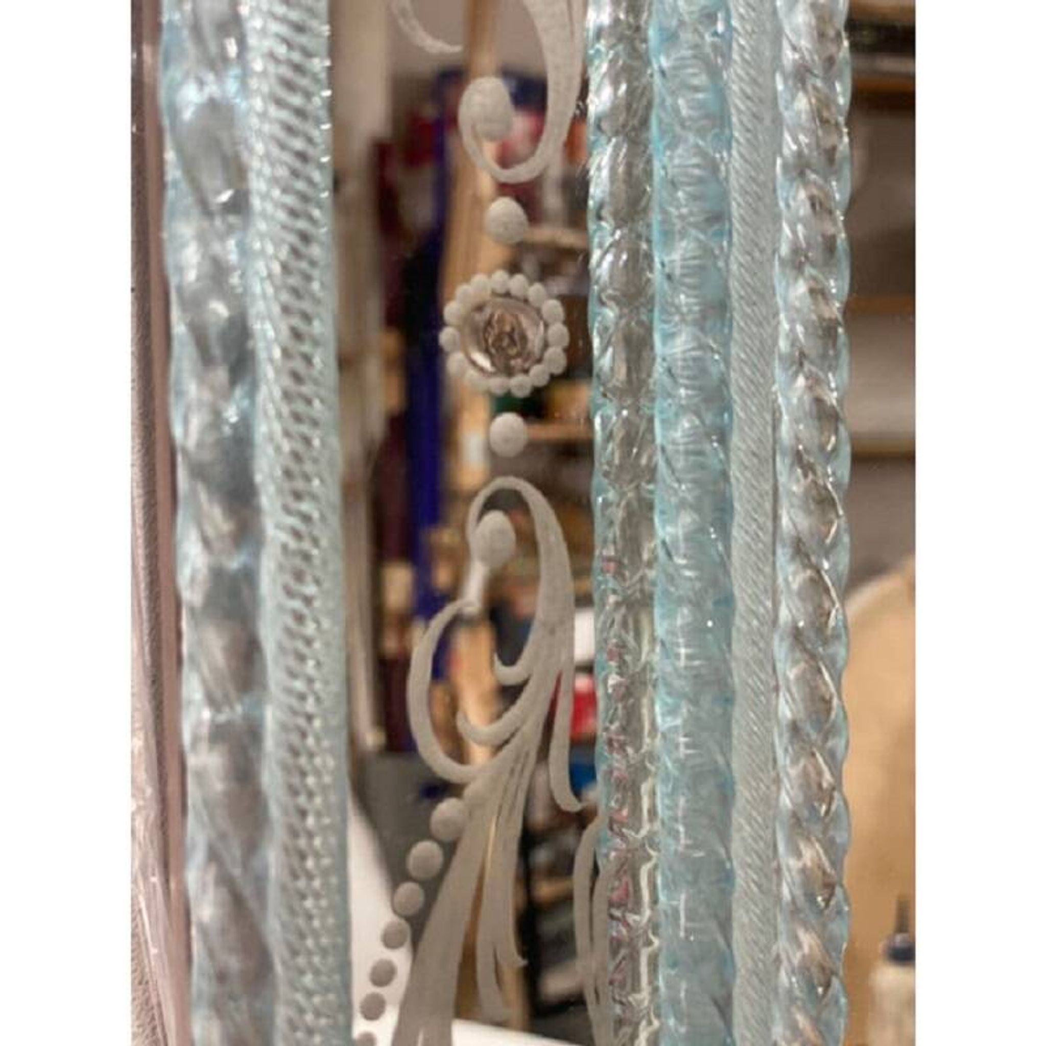 Venetian Rectangular Light-Blue Floreal Hand-Carving Mirror in Murano Glass Style