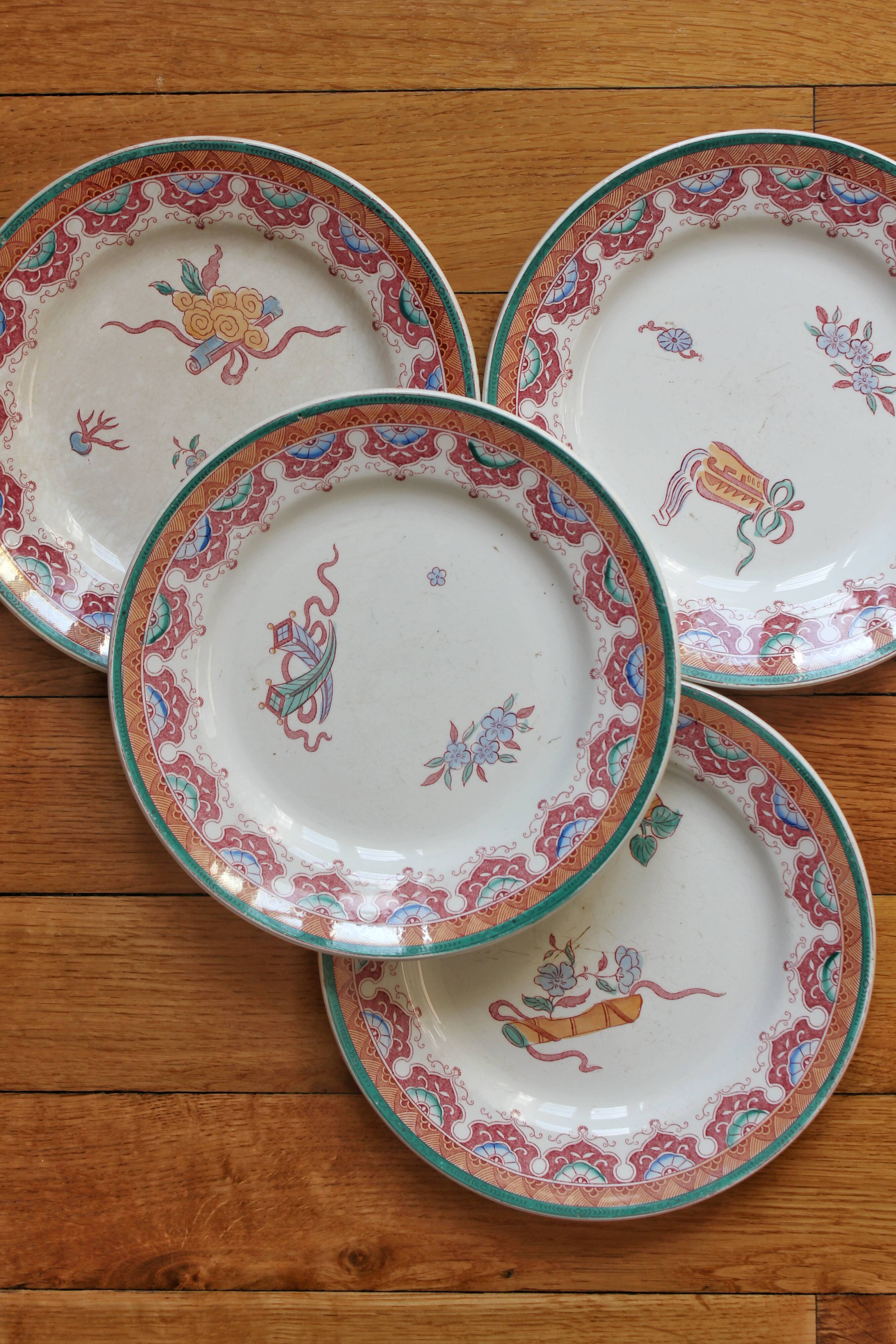 4 polychrome ironstone dessert plates, "Chinese" model, U&C Sarreguemines
