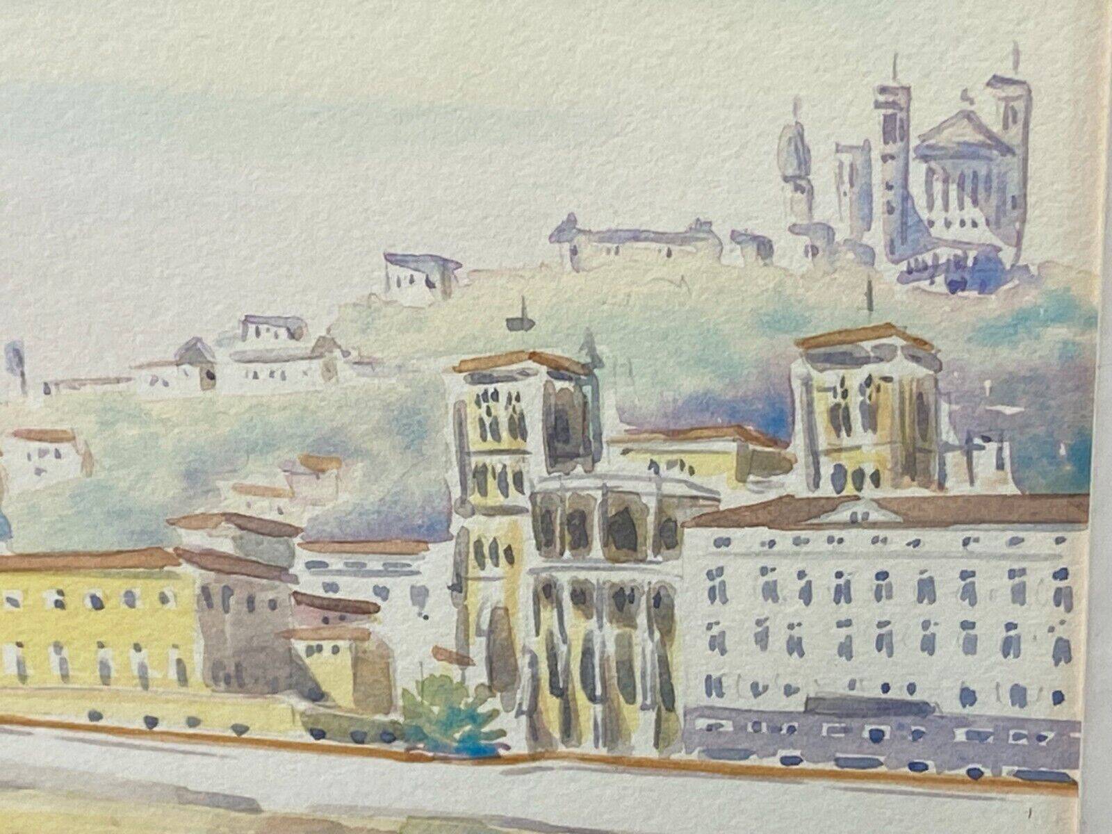 Painting signed Cretinon watercolor view of Lyon Notre-Dame de Fourvière Basilica