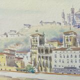 Painting signed Cretinon watercolor view of Lyon Notre-Dame de Fourvière Basilica