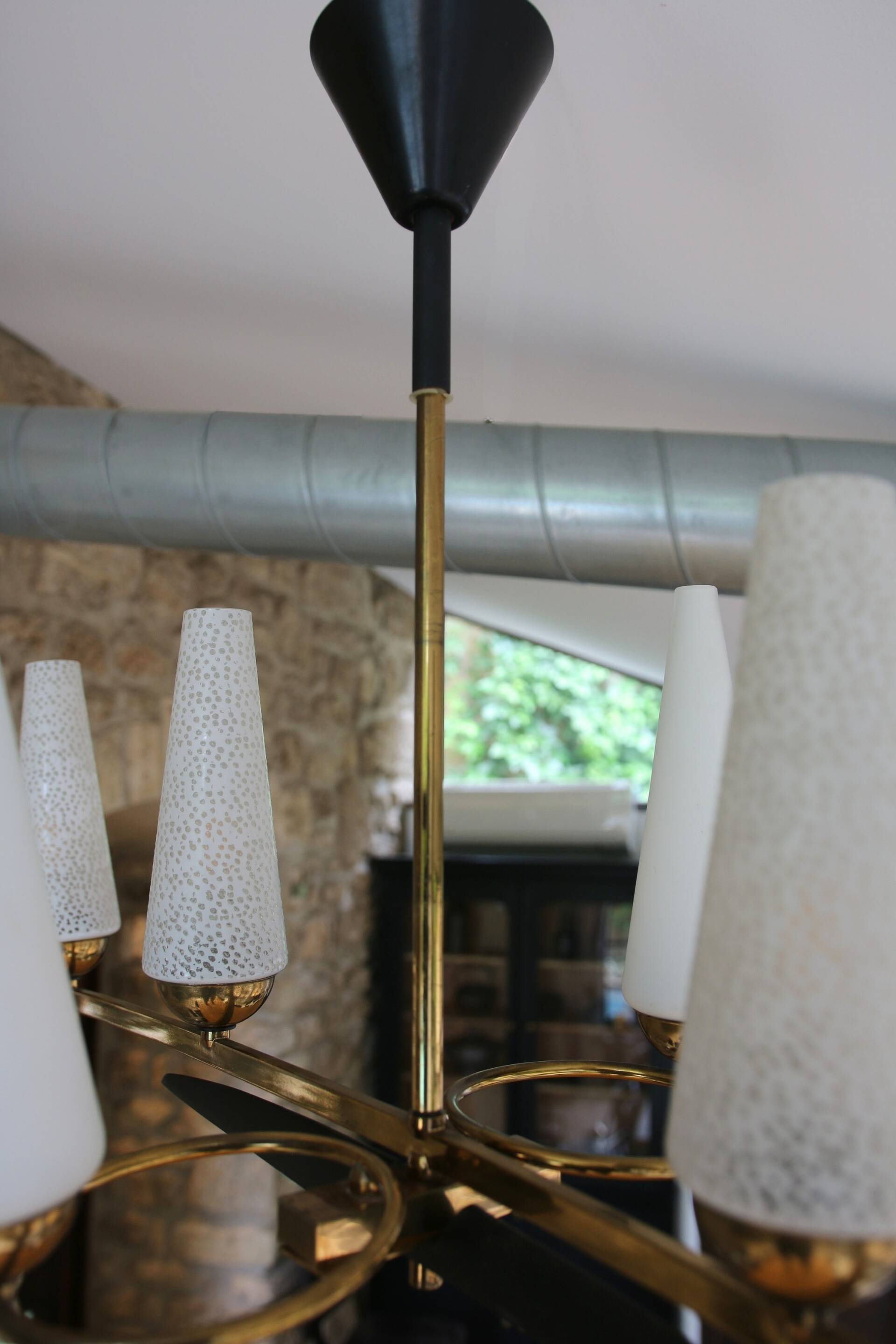 Mid-Century 6-Light Chandelier - Opaline and Brass