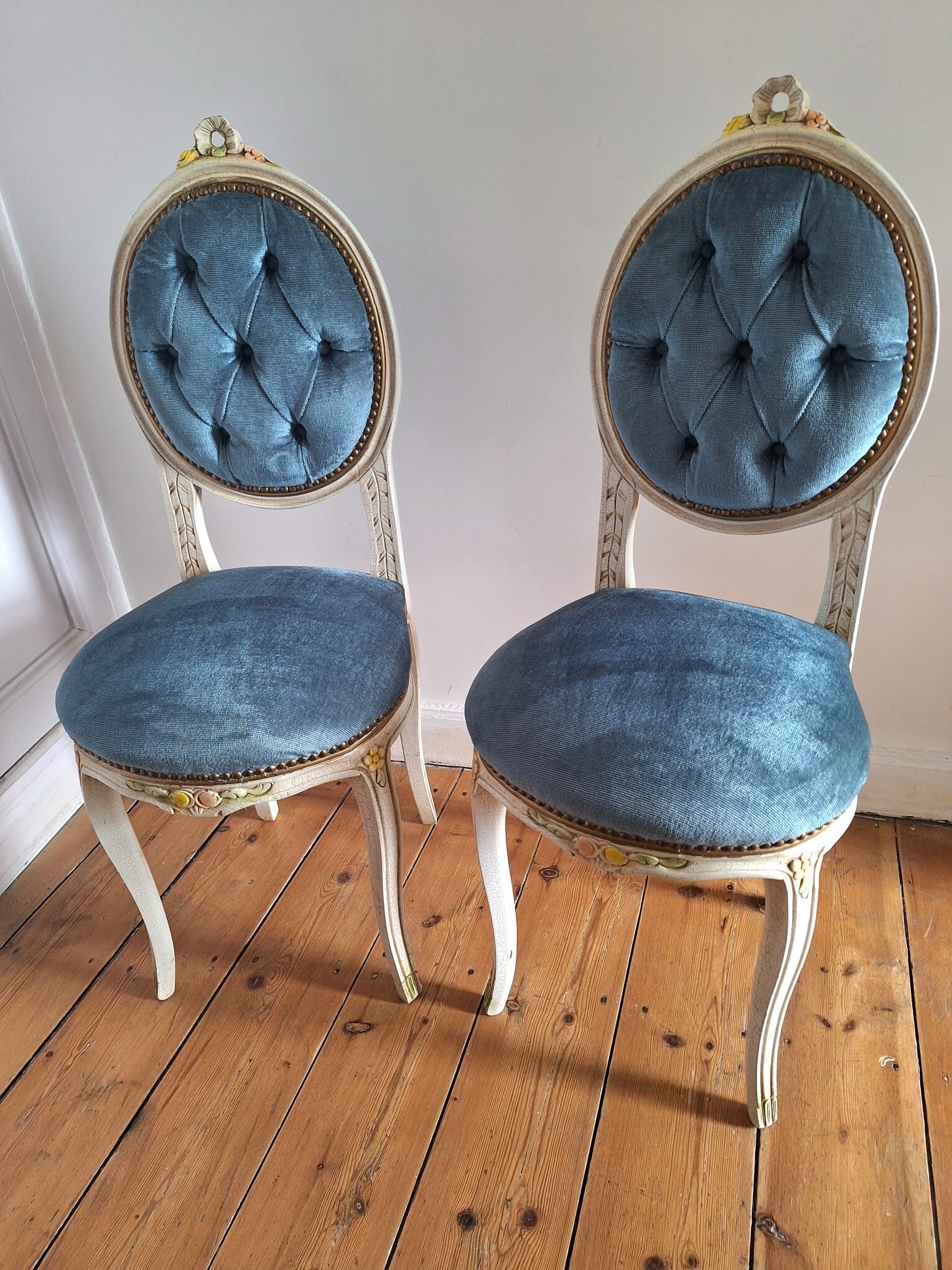 Pair of antique medallion chairs, boudoir seats in Louis XV style.