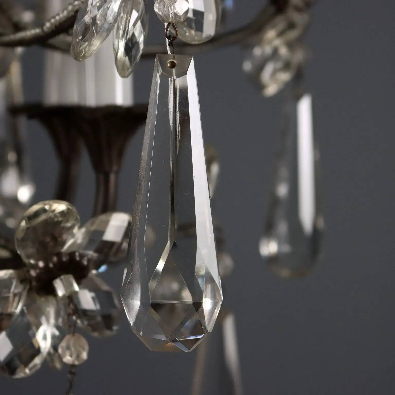 Antique metal and glass chandelier with 5 lights, Italy, 19th century.