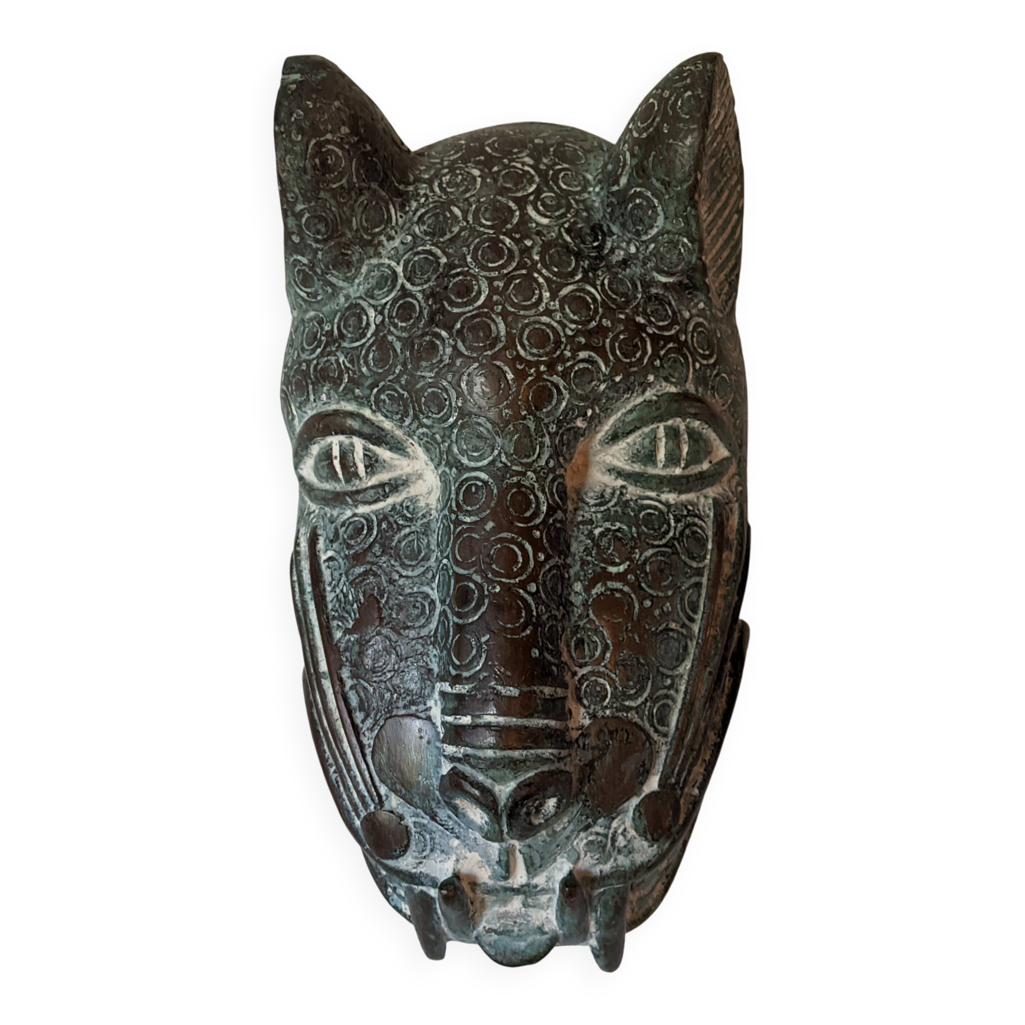 Bronze artisanal art africain léopard masque tribal sculpture