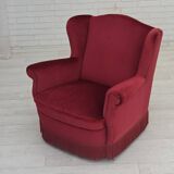 1960s, Danish armchair, red furniture velour, beech wood legs.